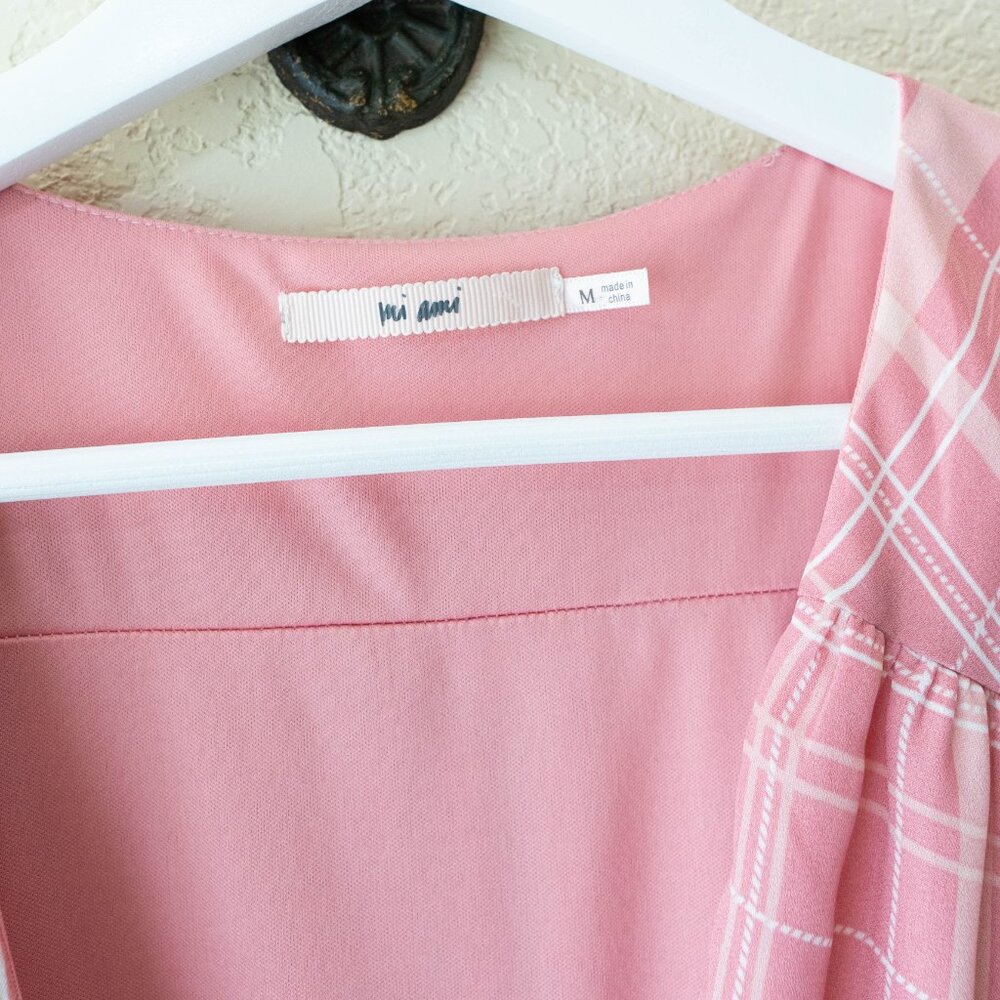 Mi Ami Pink Plaid Wrap Dress Womens M Ruffle Hem Midi Cottagecore Puff Sleeve - Picture 2 of 13